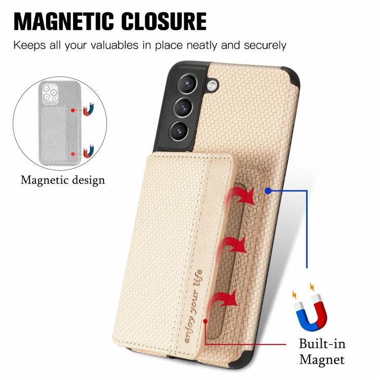 For Samsung Galaxy S21+ 5G Carbon Fiber Magnetic Card Bag TPU+PU Shockproof Back Cover Case with Holder & Card Slot & Photo Frame