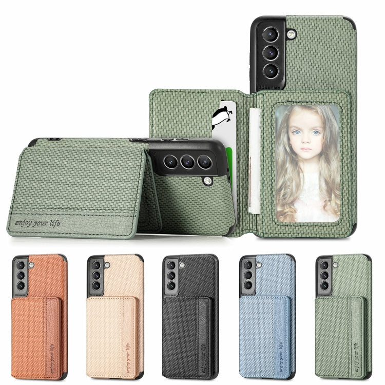For Samsung Galaxy S21+ 5G Carbon Fiber Magnetic Card Bag TPU+PU Shockproof Back Cover Case with Holder & Card Slot & Photo Frame