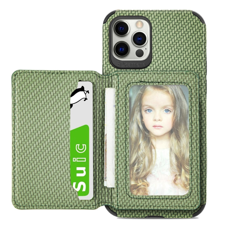 For iPhone 12 / 12 Pro Carbon Fiber Magnetic Card Bag TPU+PU Shockproof Back Cover Case with Holder & Card Slot & Photo Frame