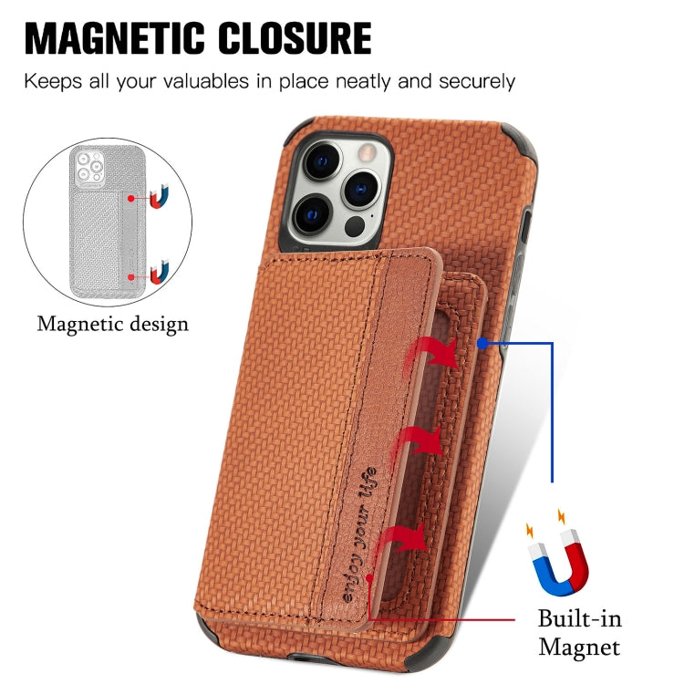 For iPhone 12 / 12 Pro Carbon Fiber Magnetic Card Bag TPU+PU Shockproof Back Cover Case with Holder & Card Slot & Photo Frame