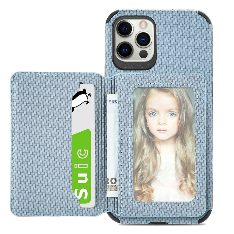 For iPhone 12 mini Carbon Fiber Magnetic Card Bag TPU+PU Shockproof Back Cover Case with Holder & Card Slot & Photo Frame