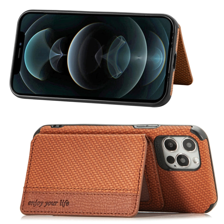 For iPhone 12 mini Carbon Fiber Magnetic Card Bag TPU+PU Shockproof Back Cover Case with Holder & Card Slot & Photo Frame