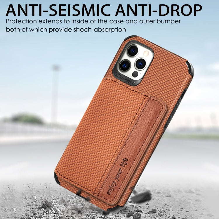 For iPhone 12 mini Carbon Fiber Magnetic Card Bag TPU+PU Shockproof Back Cover Case with Holder & Card Slot & Photo Frame