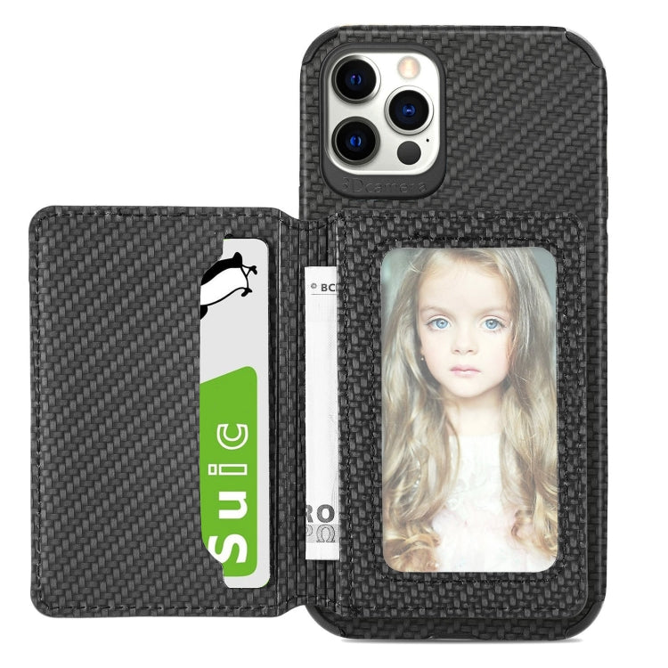 For iPhone 12 Pro Max Carbon Fiber Magnetic Card Bag TPU+PU Shockproof Back Cover Case with Holder & Card Slot & Photo Frame