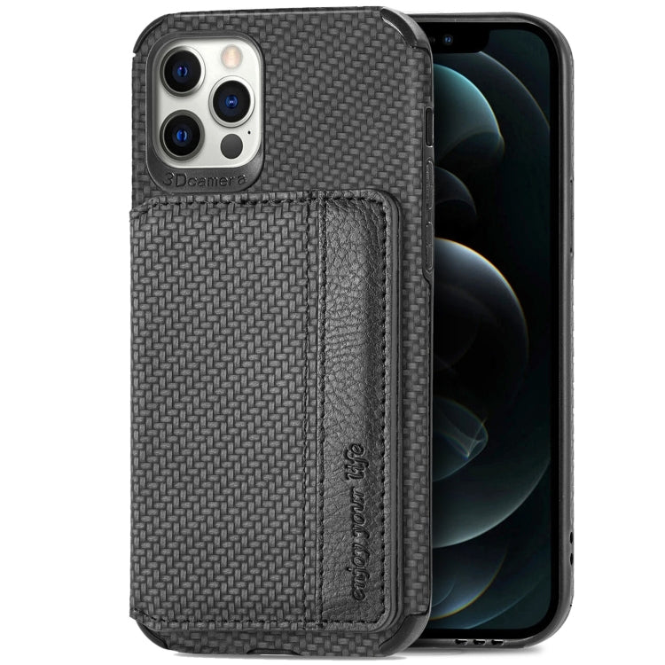 For iPhone 12 Pro Max Carbon Fiber Magnetic Card Bag TPU+PU Shockproof Back Cover Case with Holder & Card Slot & Photo Frame