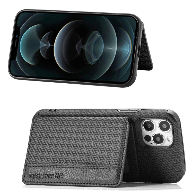 For iPhone 12 Pro Max Carbon Fiber Magnetic Card Bag TPU+PU Shockproof Back Cover Case with Holder & Card Slot & Photo Frame