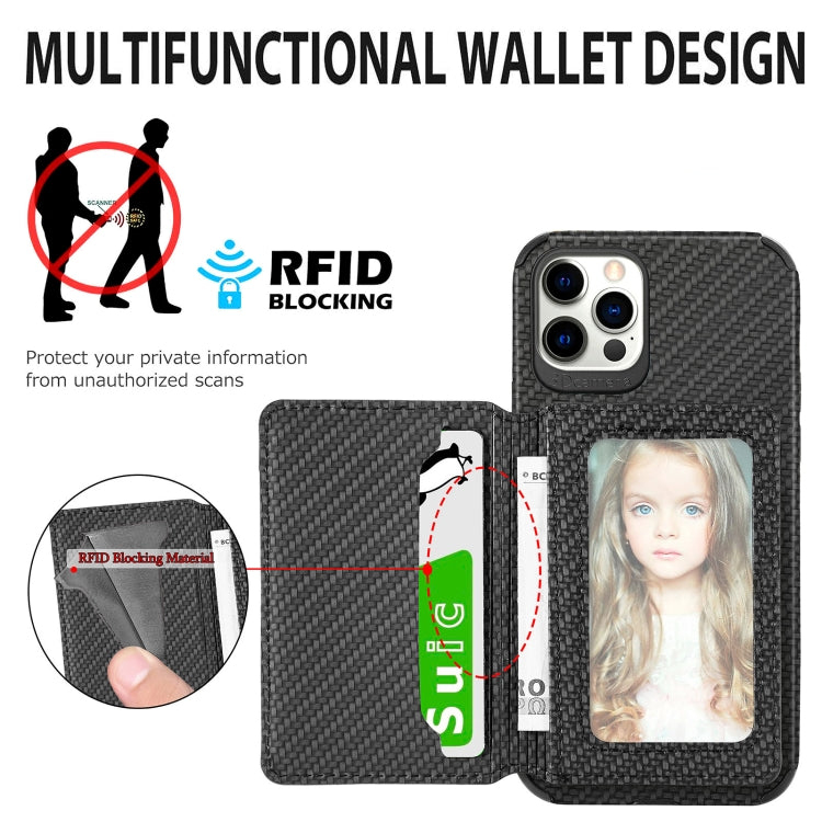 For iPhone 12 Pro Max Carbon Fiber Magnetic Card Bag TPU+PU Shockproof Back Cover Case with Holder & Card Slot & Photo Frame