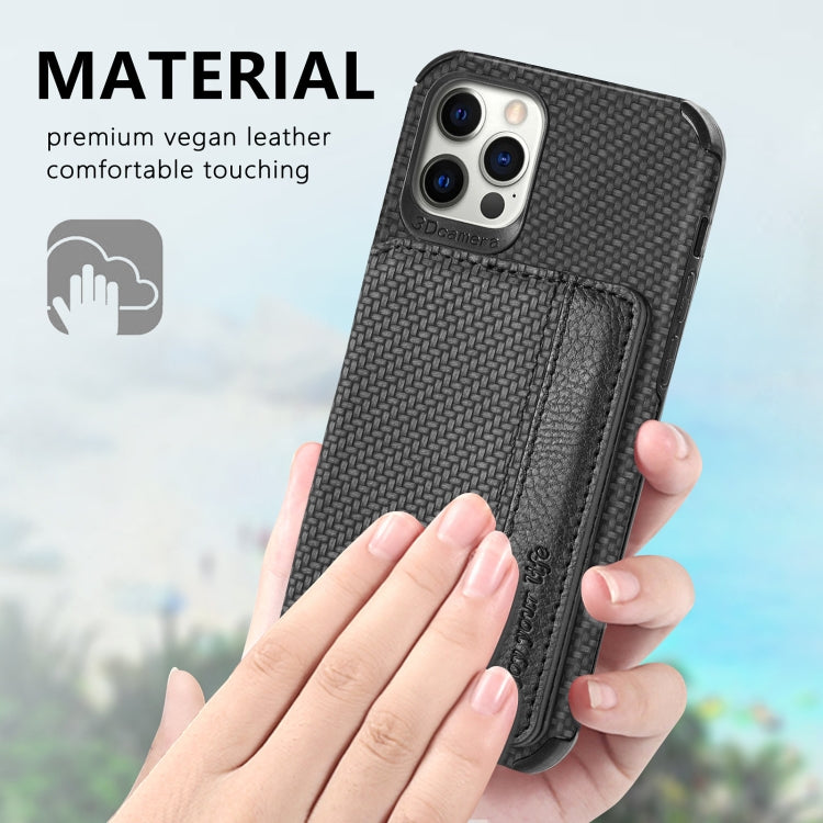 For iPhone 12 Pro Max Carbon Fiber Magnetic Card Bag TPU+PU Shockproof Back Cover Case with Holder & Card Slot & Photo Frame