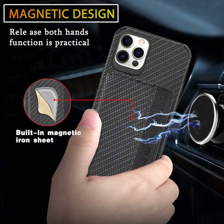 For iPhone 12 Pro Max Carbon Fiber Magnetic Card Bag TPU+PU Shockproof Back Cover Case with Holder & Card Slot & Photo Frame