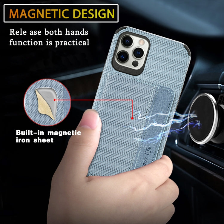 For iPhone 12 Pro Max Carbon Fiber Magnetic Card Bag TPU+PU Shockproof Back Cover Case with Holder & Card Slot & Photo Frame