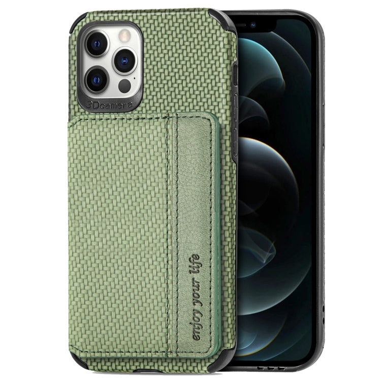 For iPhone 12 Pro Max Carbon Fiber Magnetic Card Bag TPU+PU Shockproof Back Cover Case with Holder & Card Slot & Photo Frame