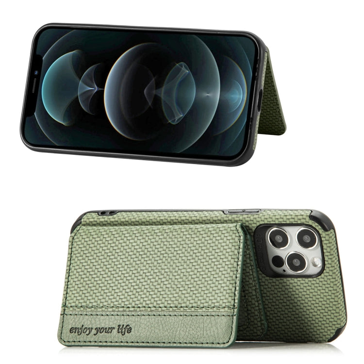For iPhone 12 Pro Max Carbon Fiber Magnetic Card Bag TPU+PU Shockproof Back Cover Case with Holder & Card Slot & Photo Frame