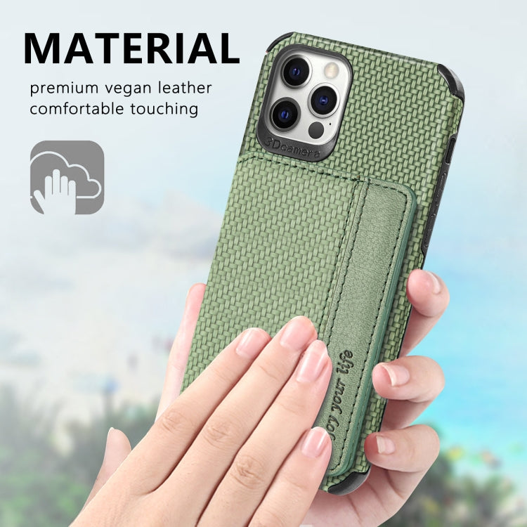 For iPhone 12 Pro Max Carbon Fiber Magnetic Card Bag TPU+PU Shockproof Back Cover Case with Holder & Card Slot & Photo Frame
