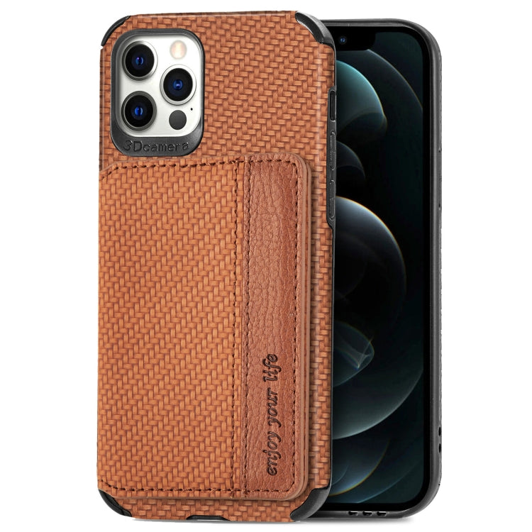 For iPhone 12 Pro Max Carbon Fiber Magnetic Card Bag TPU+PU Shockproof Back Cover Case with Holder & Card Slot & Photo Frame