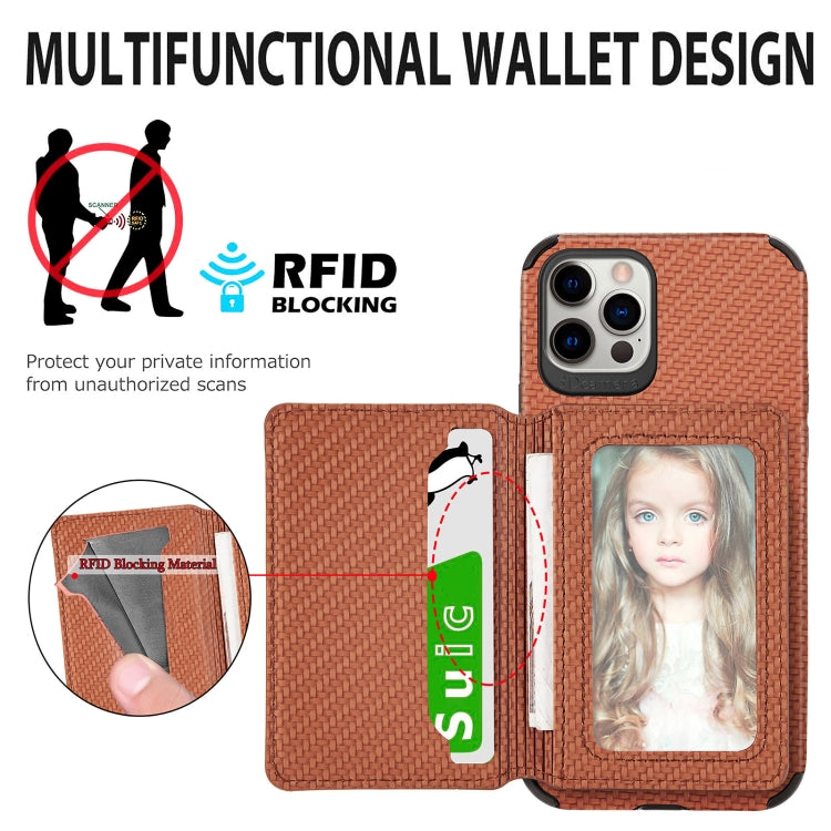 For iPhone 12 Pro Max Carbon Fiber Magnetic Card Bag TPU+PU Shockproof Back Cover Case with Holder & Card Slot & Photo Frame