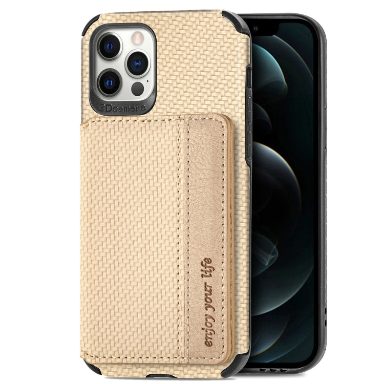 For iPhone 12 Pro Max Carbon Fiber Magnetic Card Bag TPU+PU Shockproof Back Cover Case with Holder & Card Slot & Photo Frame