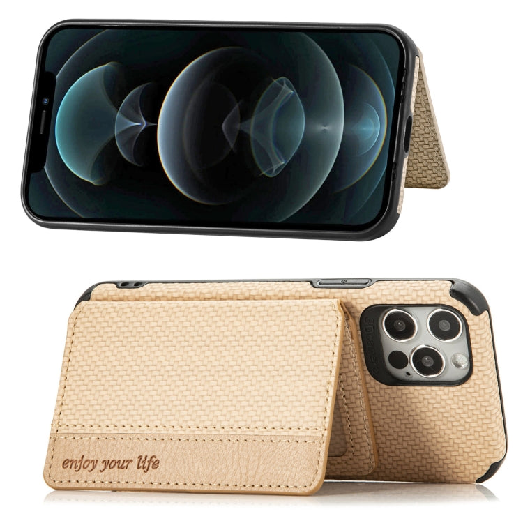 For iPhone 12 Pro Max Carbon Fiber Magnetic Card Bag TPU+PU Shockproof Back Cover Case with Holder & Card Slot & Photo Frame