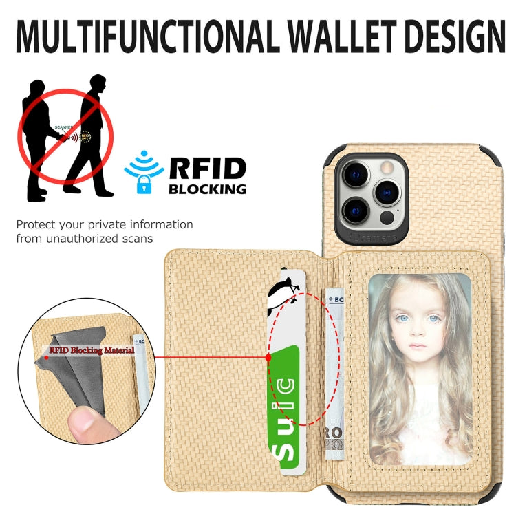 For iPhone 12 Pro Max Carbon Fiber Magnetic Card Bag TPU+PU Shockproof Back Cover Case with Holder & Card Slot & Photo Frame