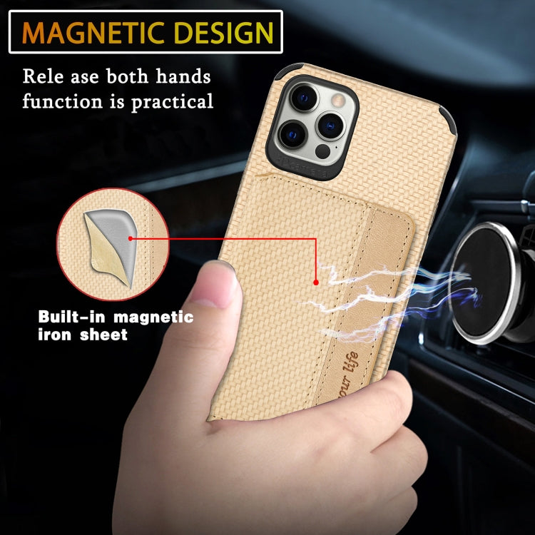 For iPhone 12 Pro Max Carbon Fiber Magnetic Card Bag TPU+PU Shockproof Back Cover Case with Holder & Card Slot & Photo Frame
