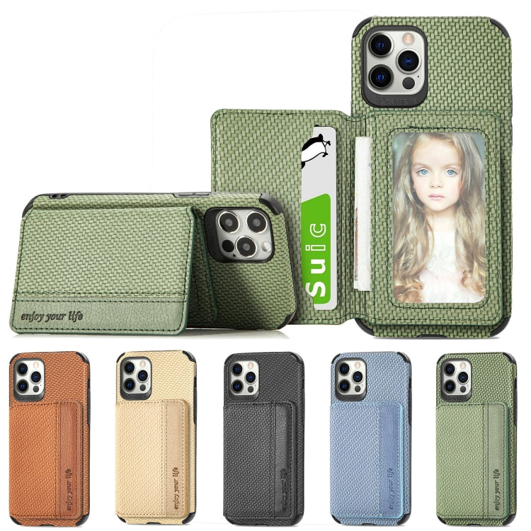 For iPhone 12 Pro Max Carbon Fiber Magnetic Card Bag TPU+PU Shockproof Back Cover Case with Holder & Card Slot & Photo Frame