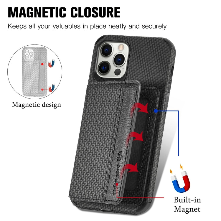 For iPhone 11 Carbon Fiber Magnetic Card Bag TPU+PU Shockproof Back Cover Case with Holder & Card Slot & Photo Frame