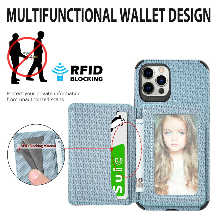 For iPhone 11 Carbon Fiber Magnetic Card Bag TPU+PU Shockproof Back Cover Case with Holder & Card Slot & Photo Frame