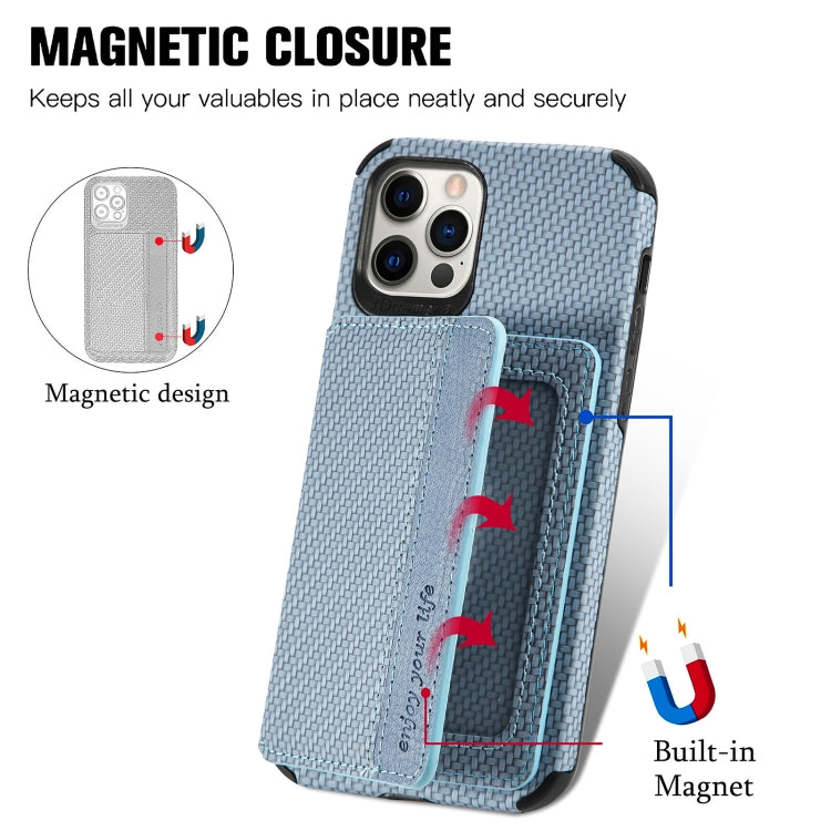 For iPhone 11 Carbon Fiber Magnetic Card Bag TPU+PU Shockproof Back Cover Case with Holder & Card Slot & Photo Frame