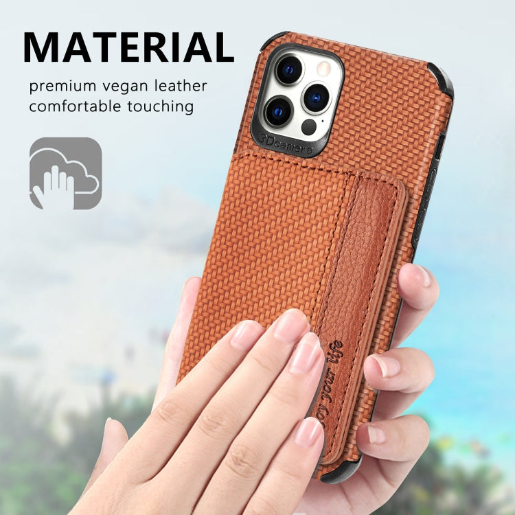 For iPhone 11 Carbon Fiber Magnetic Card Bag TPU+PU Shockproof Back Cover Case with Holder & Card Slot & Photo Frame