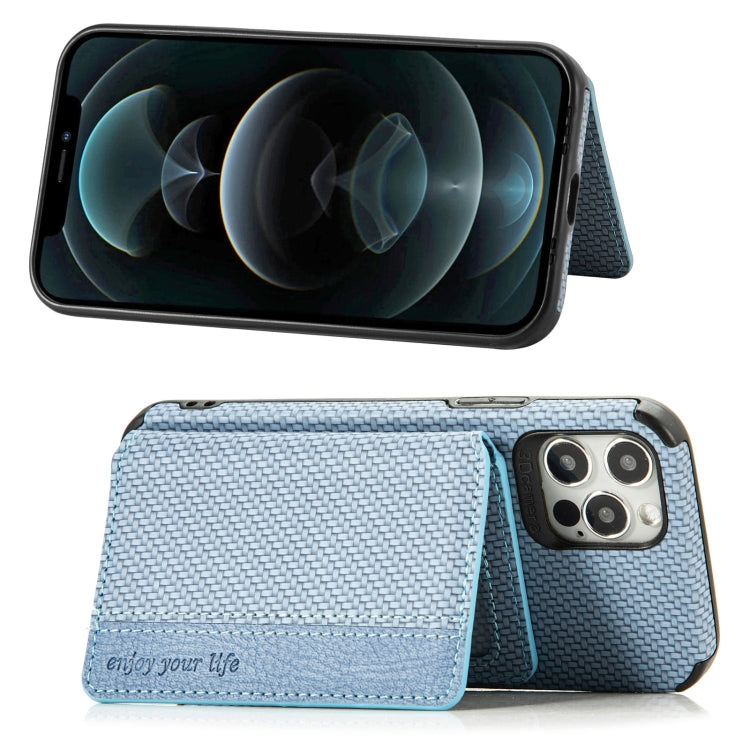 For iPhone 11 Pro Carbon Fiber Magnetic Card Bag TPU+PU Shockproof Back Cover Case with Holder & Card Slot & Photo Frame
