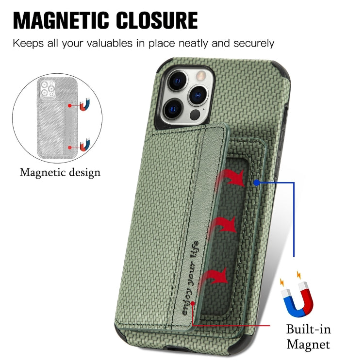 For iPhone 11 Pro Carbon Fiber Magnetic Card Bag TPU+PU Shockproof Back Cover Case with Holder & Card Slot & Photo Frame