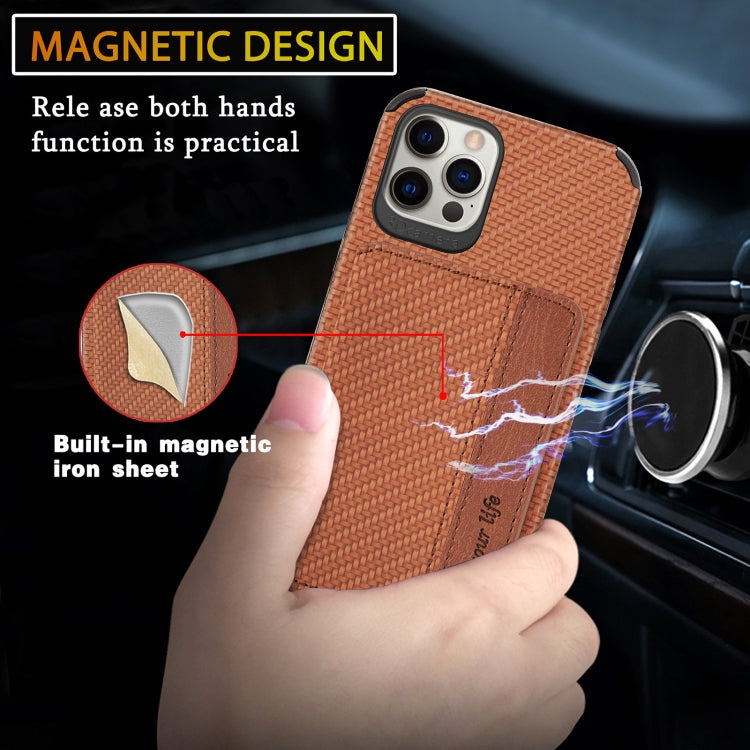 For iPhone 11 Pro Carbon Fiber Magnetic Card Bag TPU+PU Shockproof Back Cover Case with Holder & Card Slot & Photo Frame