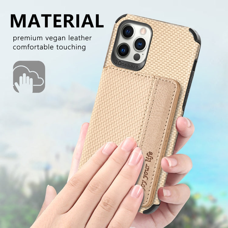 For iPhone 11 Pro Carbon Fiber Magnetic Card Bag TPU+PU Shockproof Back Cover Case with Holder & Card Slot & Photo Frame