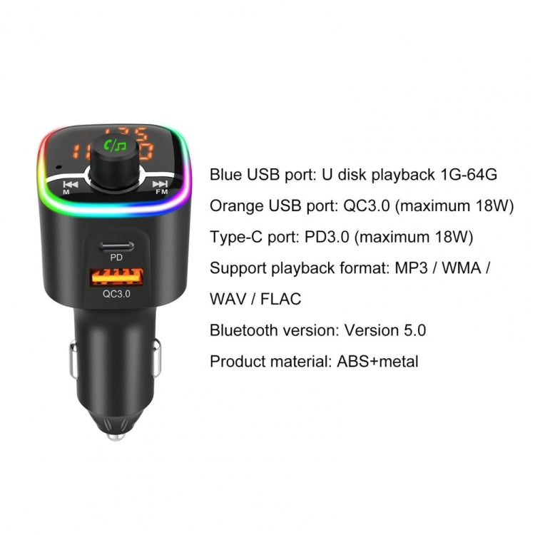 BC68 QC3.0 PD USB Car Charger Support FM Transmitter Hands-free MP3 Player