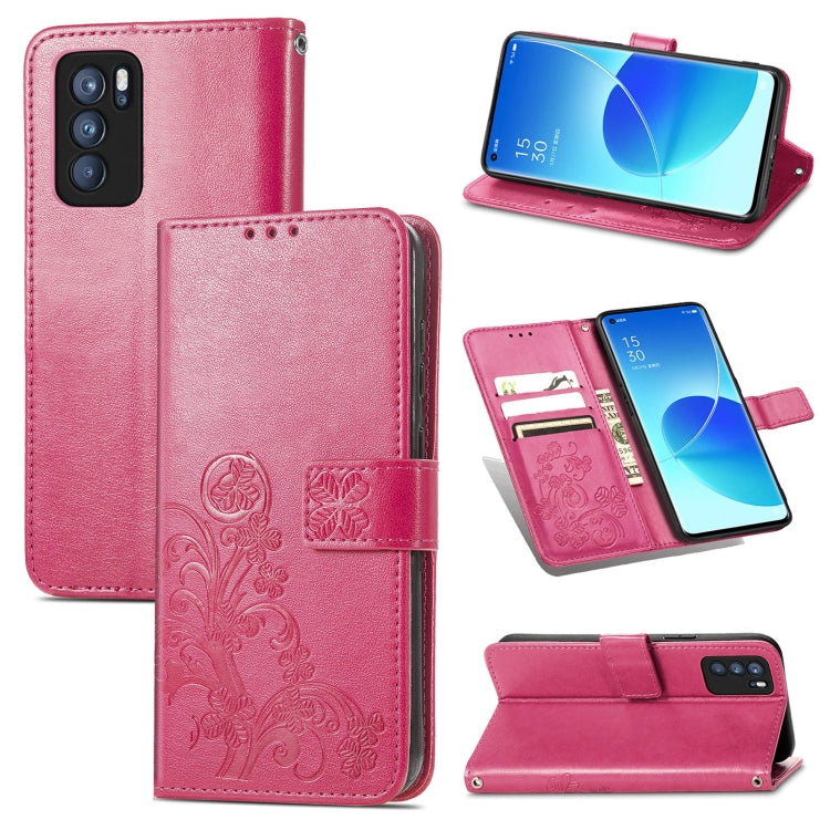 For OPPO Reno6 Pro Four-leaf Clasp Embossed Buckle Mobile Phone Protection Leather Case with Lanyard & Card Slot & Wallet & Bracket Function
