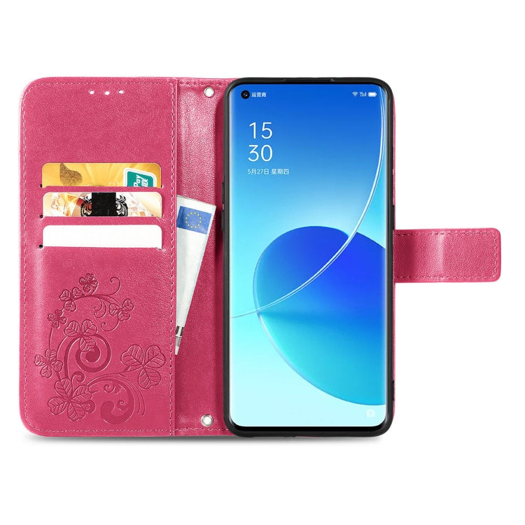 For OPPO Reno6 Pro Four-leaf Clasp Embossed Buckle Mobile Phone Protection Leather Case with Lanyard & Card Slot & Wallet & Bracket Function
