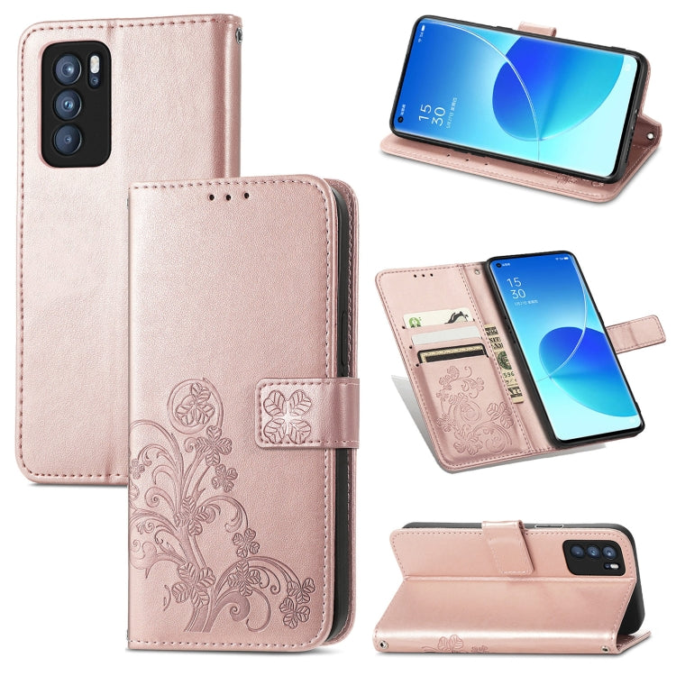 For OPPO Reno6 Pro Four-leaf Clasp Embossed Buckle Mobile Phone Protection Leather Case with Lanyard & Card Slot & Wallet & Bracket Function