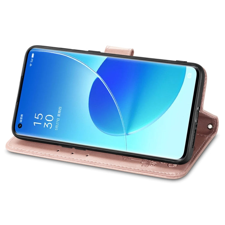 For OPPO Reno6 Pro Four-leaf Clasp Embossed Buckle Mobile Phone Protection Leather Case with Lanyard & Card Slot & Wallet & Bracket Function