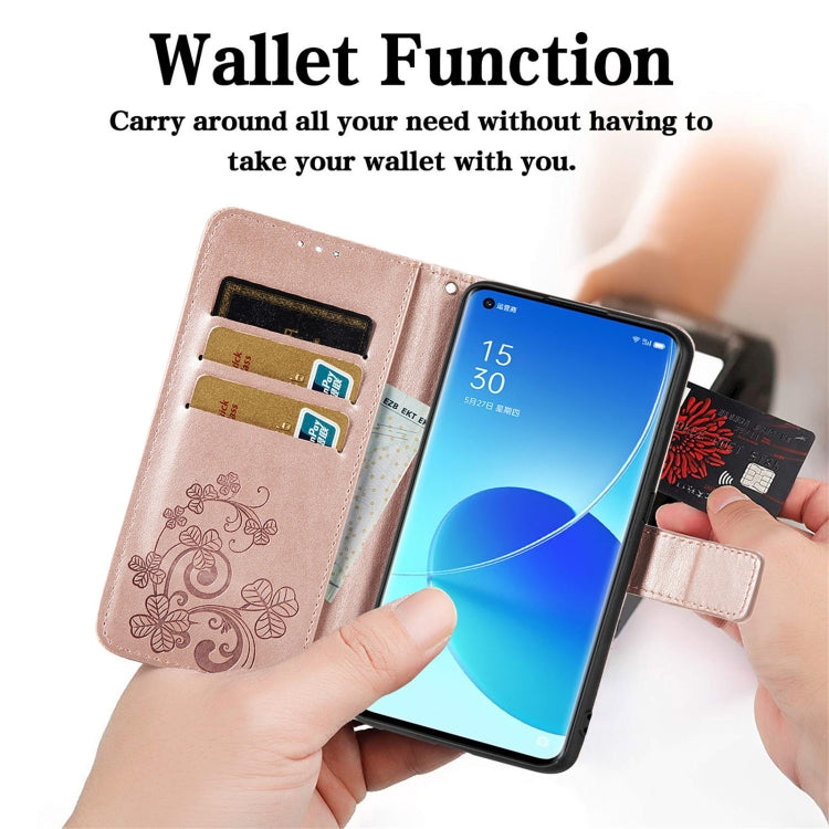For OPPO Reno6 Pro Four-leaf Clasp Embossed Buckle Mobile Phone Protection Leather Case with Lanyard & Card Slot & Wallet & Bracket Function