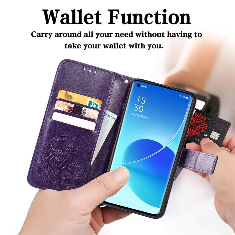 For OPPO Reno6 Pro Four-leaf Clasp Embossed Buckle Mobile Phone Protection Leather Case with Lanyard & Card Slot & Wallet & Bracket Function