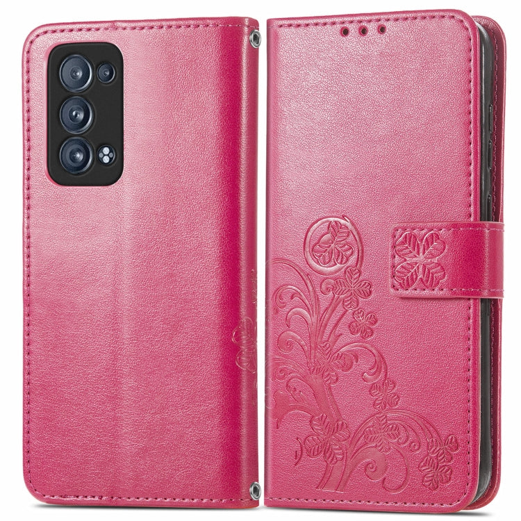 For OPPO Reno6 Pro+ Four-leaf Clasp Embossed Buckle Mobile Phone Protection Leather Case with Lanyard & Card Slot & Wallet & Bracket Function