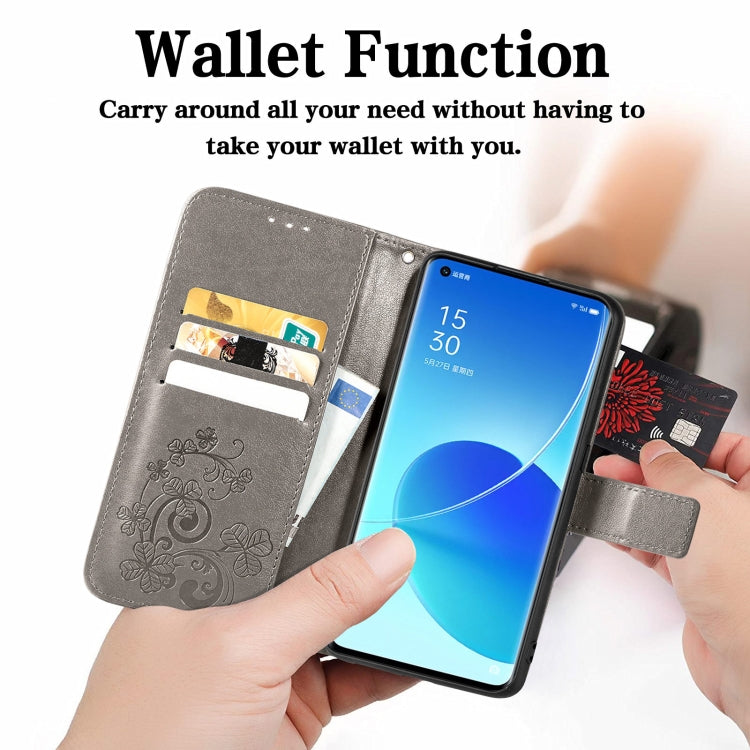 For OPPO Reno6 Pro+ Four-leaf Clasp Embossed Buckle Mobile Phone Protection Leather Case with Lanyard & Card Slot & Wallet & Bracket Function