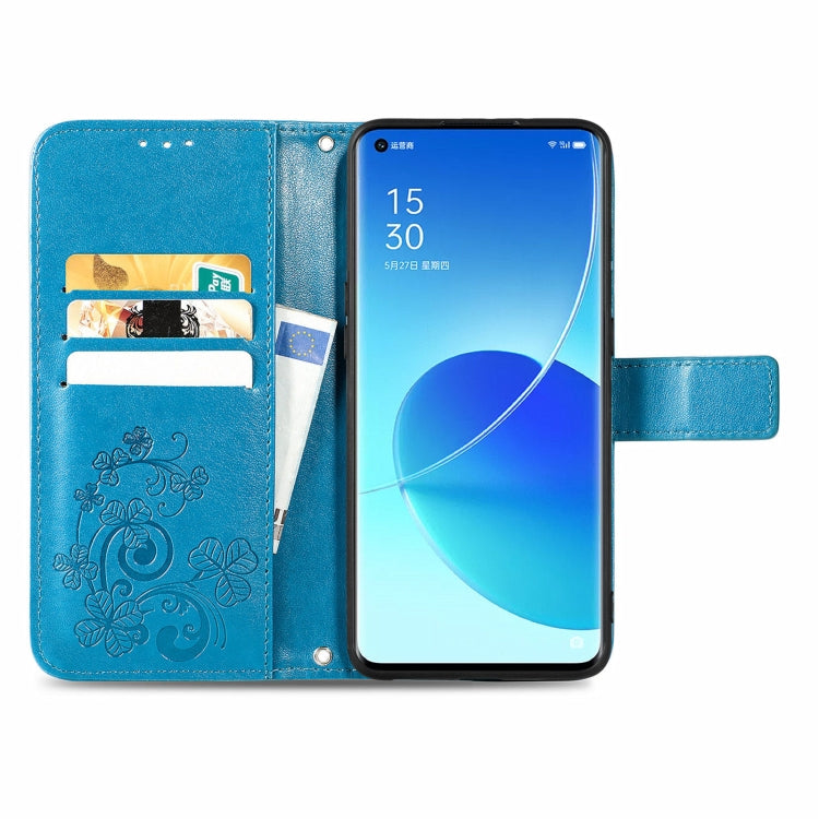 For OPPO Reno6 Pro+ Four-leaf Clasp Embossed Buckle Mobile Phone Protection Leather Case with Lanyard & Card Slot & Wallet & Bracket Function