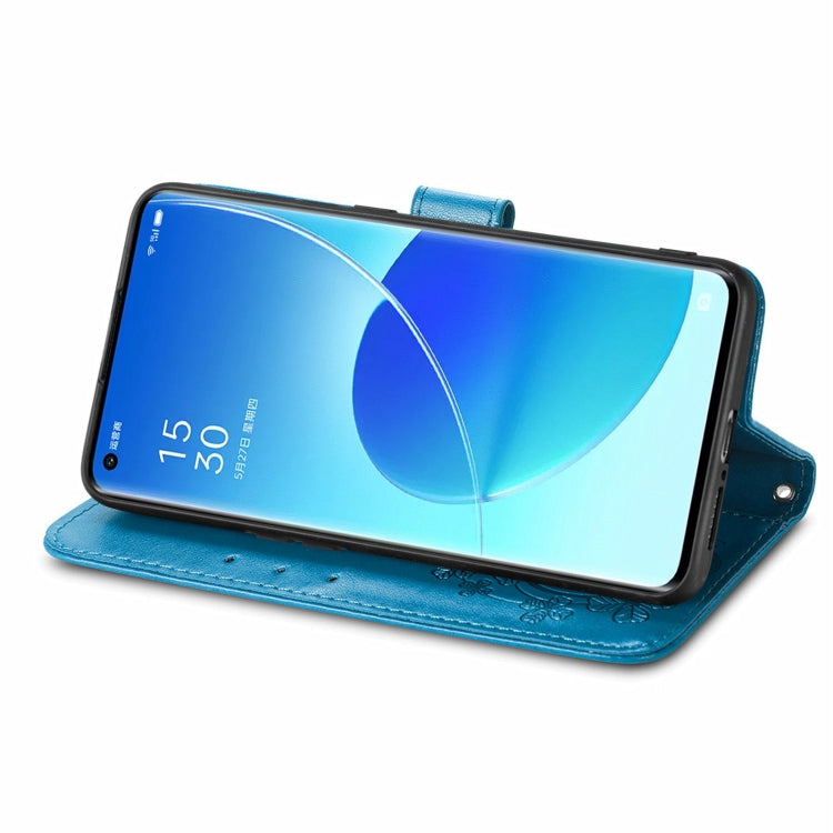 For OPPO Reno6 Pro+ Four-leaf Clasp Embossed Buckle Mobile Phone Protection Leather Case with Lanyard & Card Slot & Wallet & Bracket Function