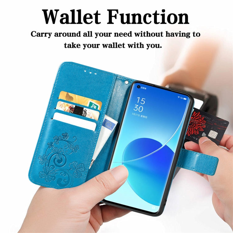 For OPPO Reno6 Pro+ Four-leaf Clasp Embossed Buckle Mobile Phone Protection Leather Case with Lanyard & Card Slot & Wallet & Bracket Function