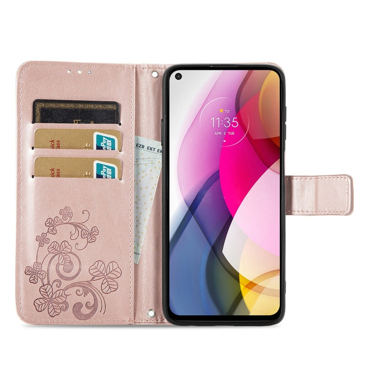 For Motorola Moto G Stylus 2021 Four-leaf Clasp Embossed Buckle Mobile Phone Protection Leather Case with Lanyard & Card Slot & Wallet & Bracket Function