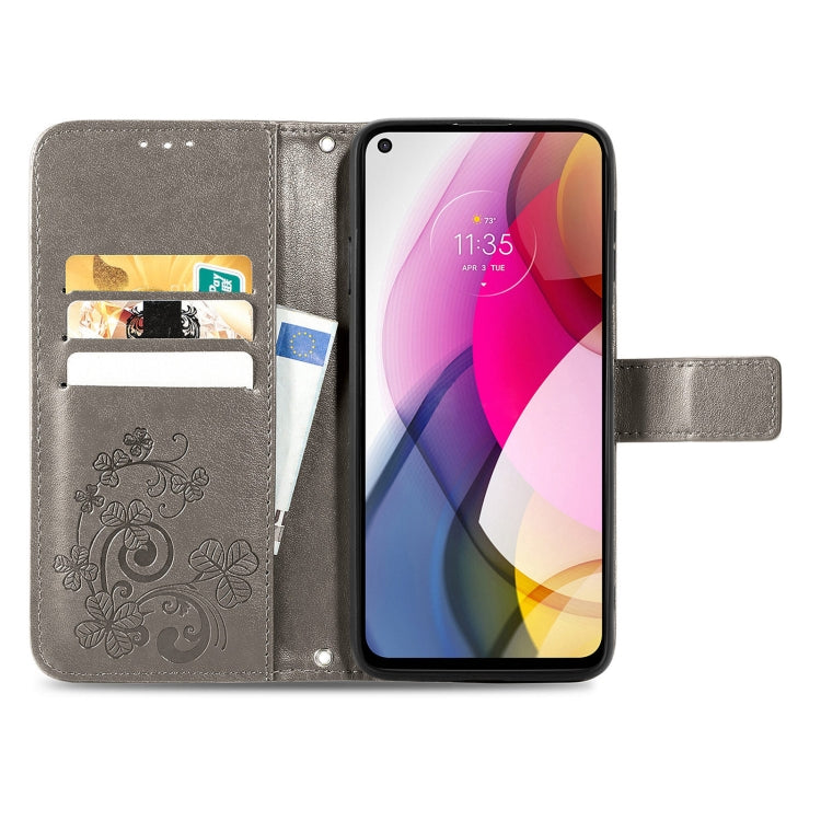 For Motorola Moto G Stylus 2021 Four-leaf Clasp Embossed Buckle Mobile Phone Protection Leather Case with Lanyard & Card Slot & Wallet & Bracket Function