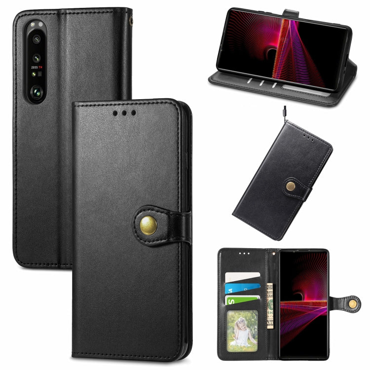For Sony Xperia 1 III Solid Color Leather Buckle Phone Case with Lanyard & Photo Frame & Card Slot & Wallet & Stand Function