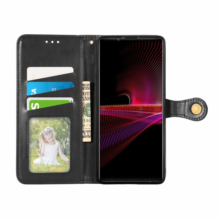For Sony Xperia 1 III Solid Color Leather Buckle Phone Case with Lanyard & Photo Frame & Card Slot & Wallet & Stand Function