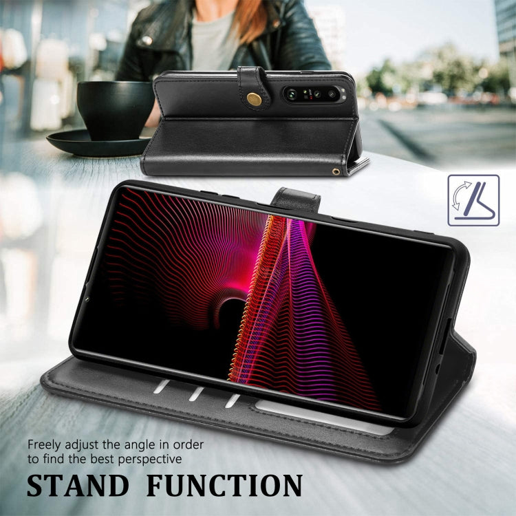 For Sony Xperia 1 III Solid Color Leather Buckle Phone Case with Lanyard & Photo Frame & Card Slot & Wallet & Stand Function