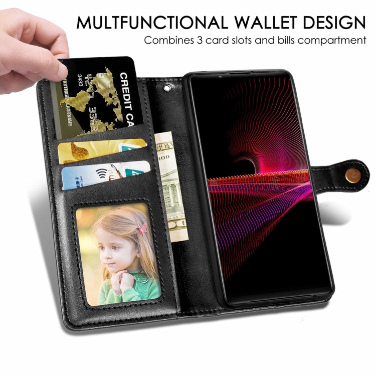 For Sony Xperia 1 III Solid Color Leather Buckle Phone Case with Lanyard & Photo Frame & Card Slot & Wallet & Stand Function